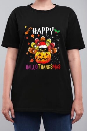 Black Cat Halloween And Merry Christmas Happy Hallothanksmas Women T-Shirt