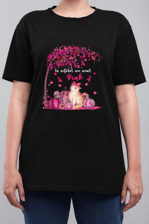 Breast Cancer Awareness In October We Wear Pink Pumpkin Cat Premium Women T-Shirt