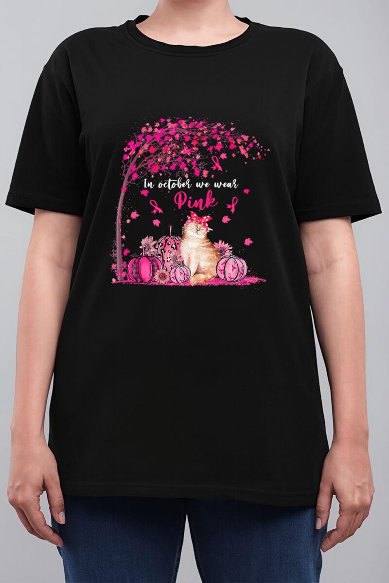 Breast Cancer Awareness In October We Wear Pink Pumpkin Cat Premium Women T-Shirt