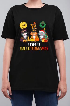 Cat Halloween Christmas Happy Hallothanksmas Thanksgiving Women T-Shirt