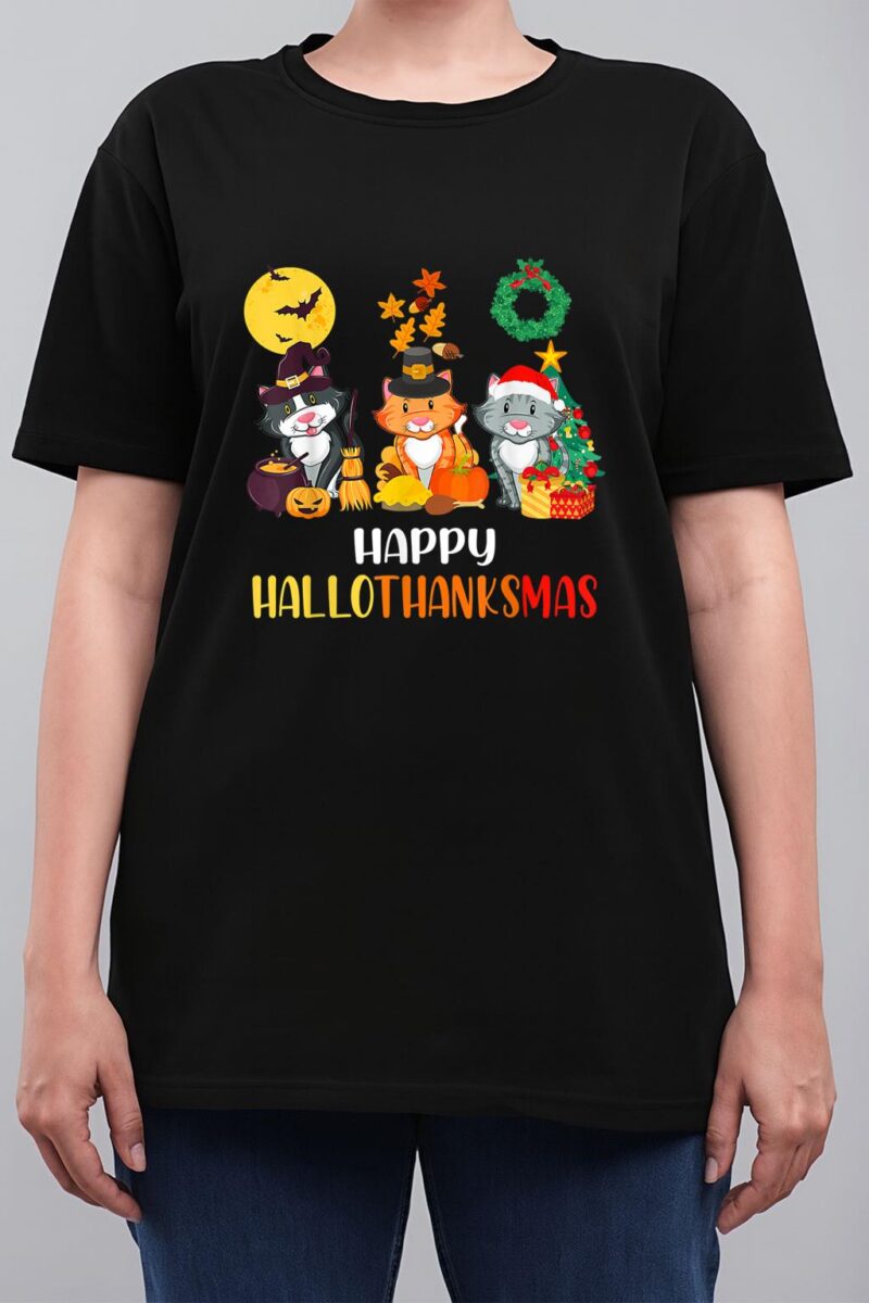 Cat Halloween Christmas Happy Hallothanksmas Thanksgiving Women T-Shirt