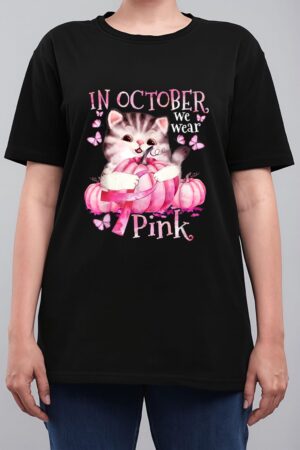 Cat Pumpkin Halloween In October We Wear Pink Breast Cancer Women T-Shirt