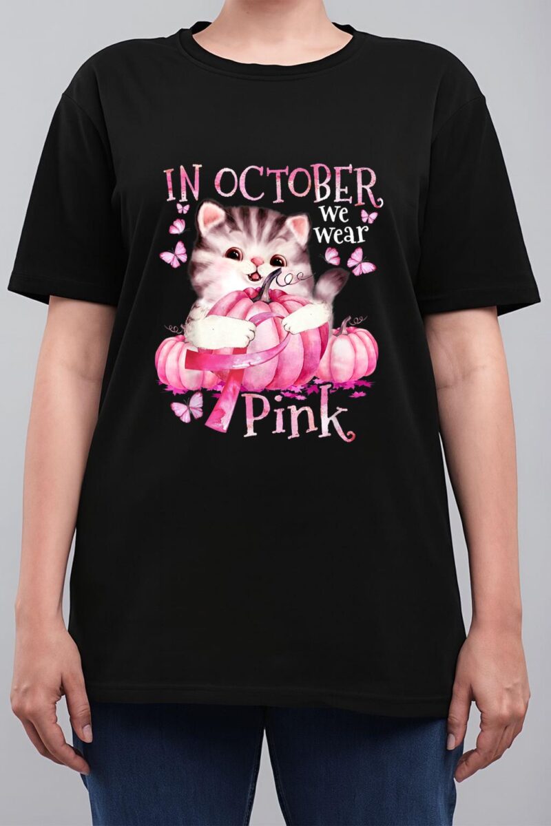 Cat Pumpkin Halloween In October We Wear Pink Breast Cancer Women T-Shirt