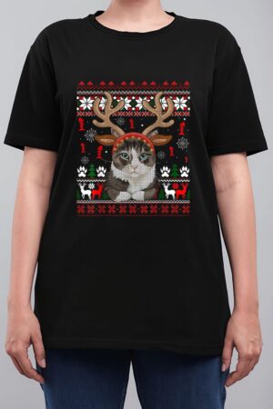Cat Reindeer Antlers Headband Funny Ugly Christmas Sweater Women T-Shirt