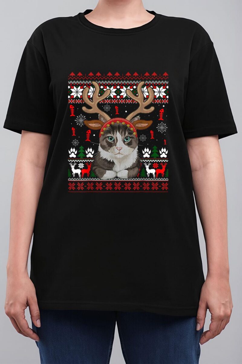 Cat Reindeer Antlers Headband Funny Ugly Christmas Sweater Women T-Shirt