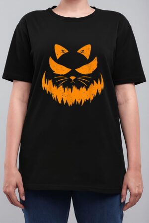 Cat Scary Pumpkin Face Jack O Lantern Halloween Costume Women T-Shirt