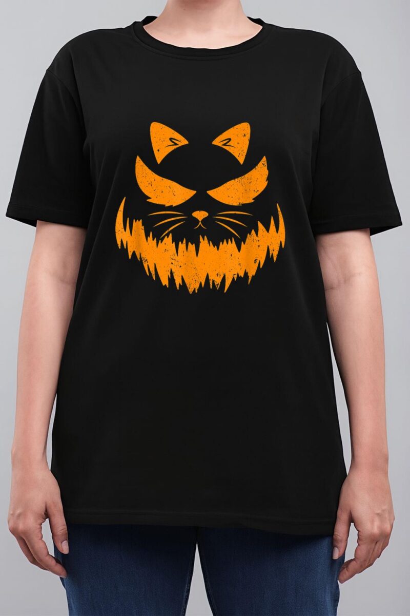 Cat Scary Pumpkin Face Jack O Lantern Halloween Costume Women T-Shirt