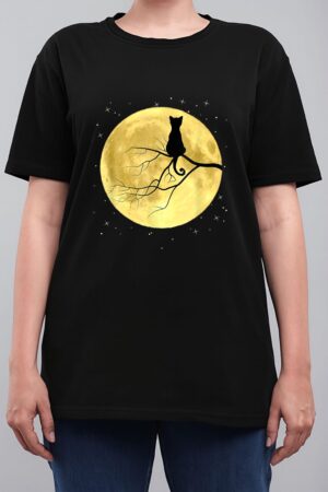 Cat Silhouette On Moon Mystical Cat Halloween Cat And Moon Women T-Shirt