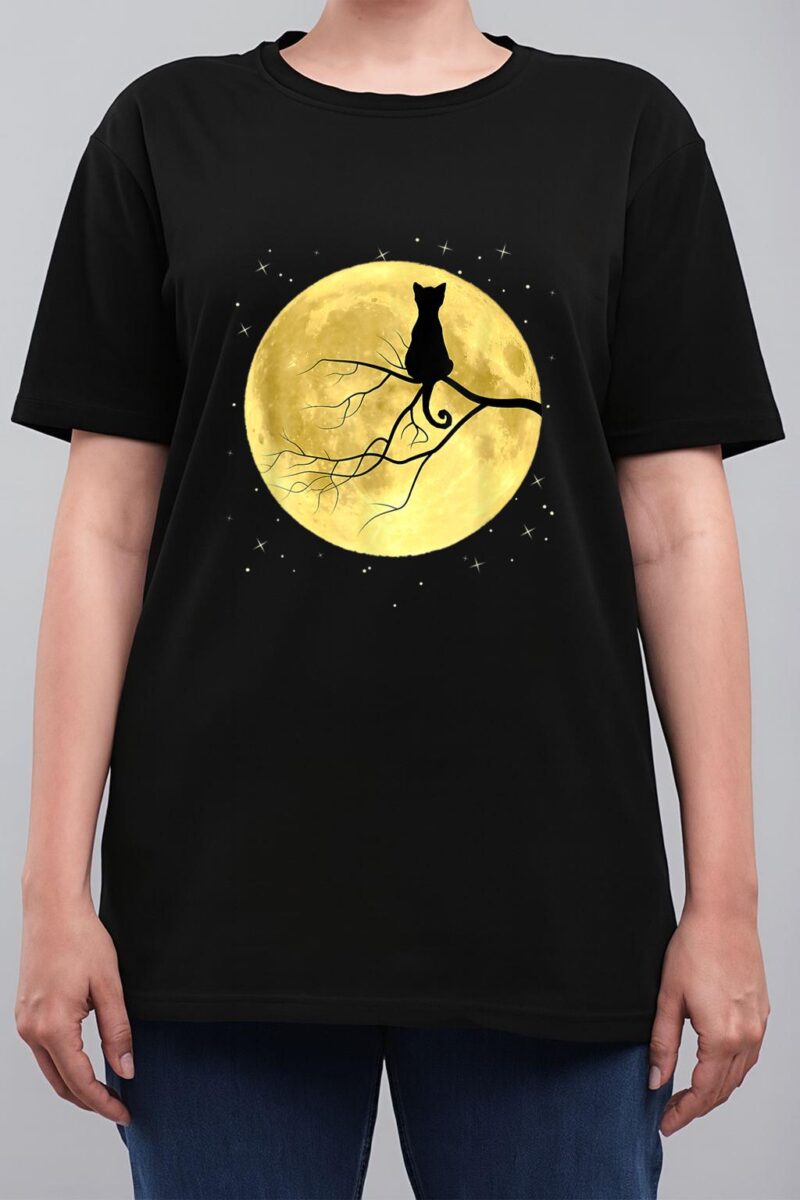 Cat Silhouette On Moon Mystical Cat Halloween Cat And Moon Women T-Shirt