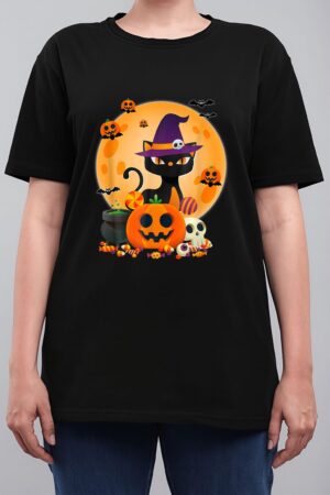 Cat With Witch Hat Pumpkin Bat Moon Cat Funny Halloween Women T-Shirt