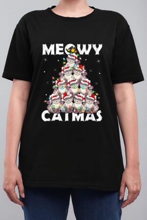 Cat Xmas Lights Santa Meowy Catmas Cat Christmas Ree Women T-Shirt
