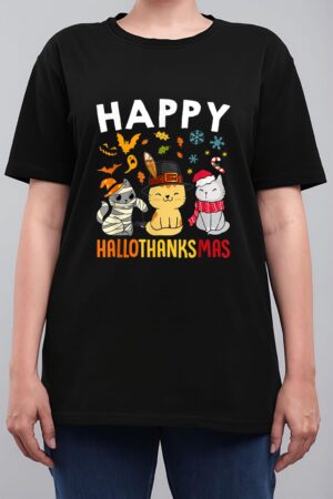 Cats Happy HalloThanksMas Thanksgiving Christmas Women T-Shirt