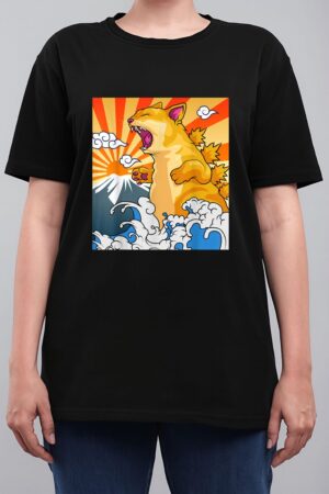Catzilla Vintage Kawaii Cute Cat Art Japanese Sunset Women T-Shirt