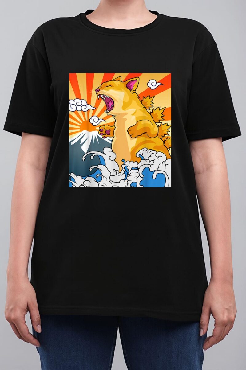 Catzilla Vintage Kawaii Cute Cat Art Japanese Sunset Women T-Shirt