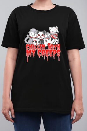 Chillin With My Creeps Cat Horror Serial Killer Halloween Women T-Shirt