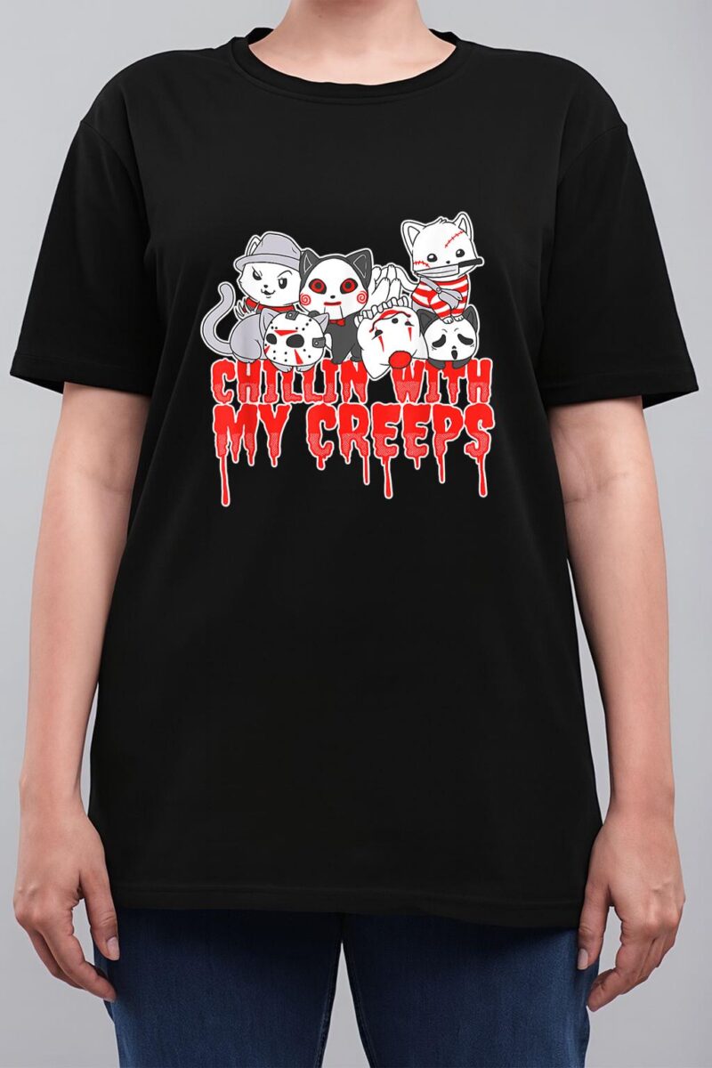 Chillin With My Creeps Cat Horror Serial Killer Halloween Women T-Shirt