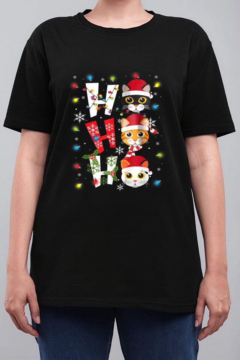Christmas Ho Ho Ho Cat Lovers Lights Pajamas Funny Xmas Women T-Shirt