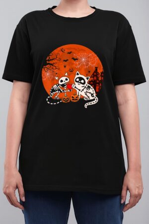 Couple Skeleton Horror Cats Halloween Couple Cat Owner Lover Women T-Shirt