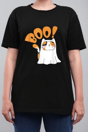 Cut Cat Ghost Halloween Boo Saying Women T-Shirt
