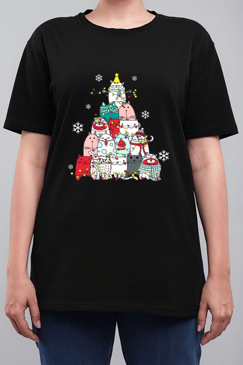 Cute Cat Christmas Tree Lights Snow Xmas Pajama Cat Lover Women T-Shirt