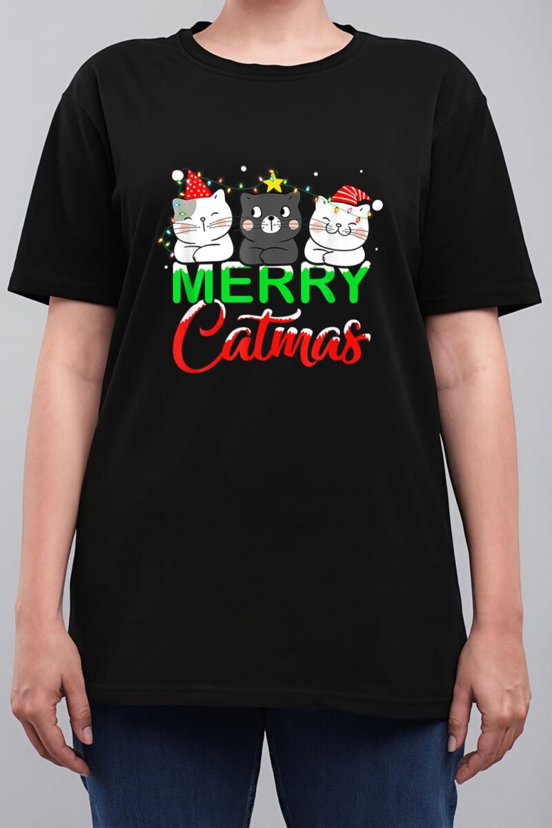 Cute Cat Lover Xmas Lights Santa Merry Catmas Cat Christmas Women T-Shirt