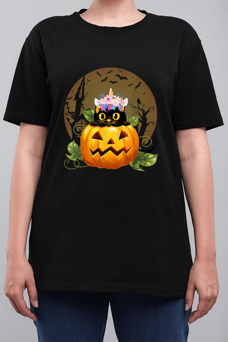 Cute Cat Pumpkin Unicorn Halloween Costume Gift Women T-Shirt