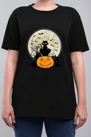 Cute Halloween Black Cat Witch Hat Pumpkin Women T-Shirt
