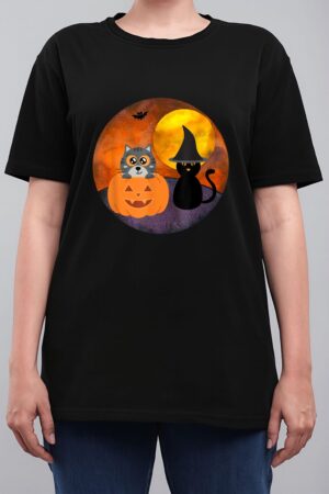 Cute Halloween Cat Scene Witch Pumpkin Bat Full Moon Women T-Shirt
