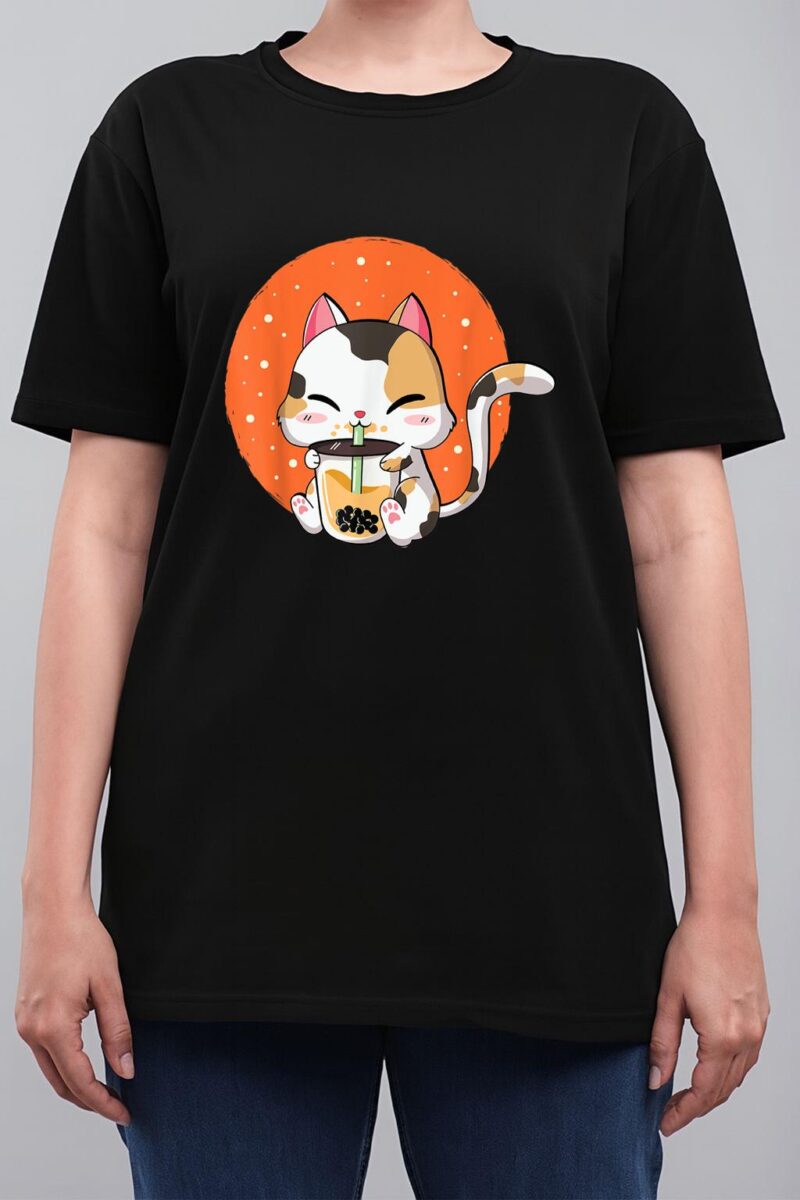 Cute Kawaii Cat Boba Bubble Milk Tea Anime Neko Kitten Women T-Shirt
