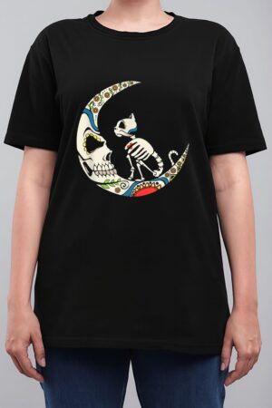 Dia De Los Muertos Crescent Moon And Cat Sugar Skull Women T-Shirt