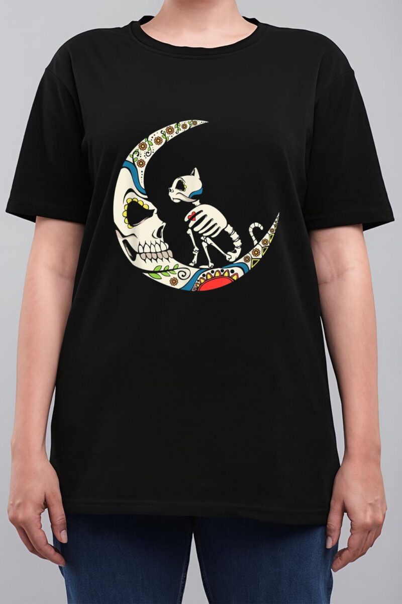 Dia De Los Muertos Crescent Moon And Cat Sugar Skull Women T-Shirt