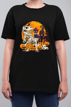 Dinosaur Skeleton Pumpkin With Moon Halloween Cat Witchy Women T-Shirt
