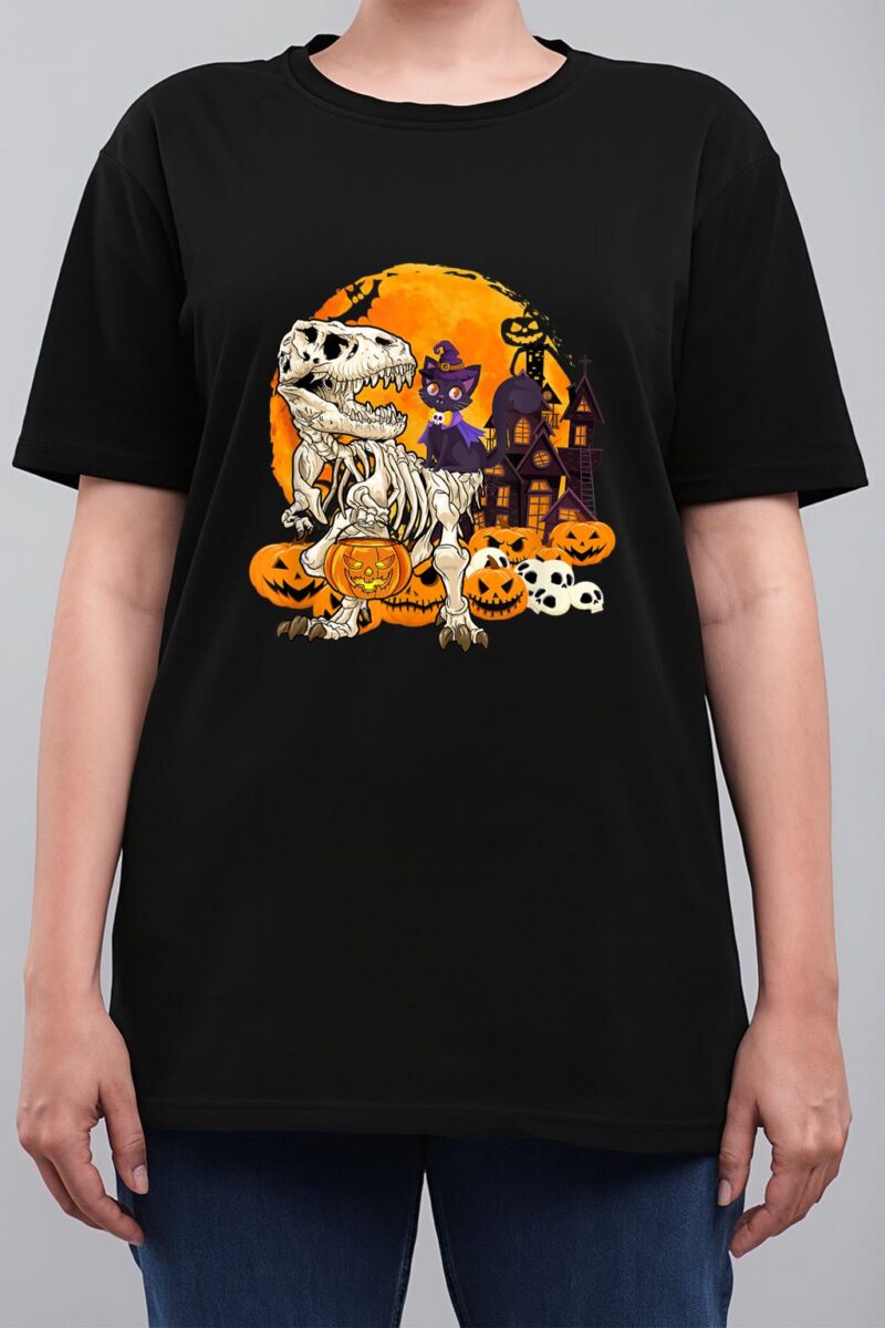 Dinosaur Skeleton Pumpkin With Moon Halloween Cat Witchy Women T-Shirt