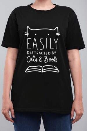 Easily Distracted-Cats And Books Funny Gift For Cat Lovers Women T-Shirt