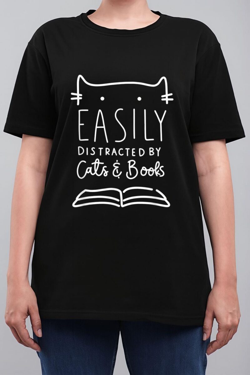 Easily Distracted-Cats And Books Funny Gift For Cat Lovers Women T-Shirt