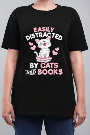 Easily Distracted By Cats and Books Cute Cat Book Lover Women T-Shirt