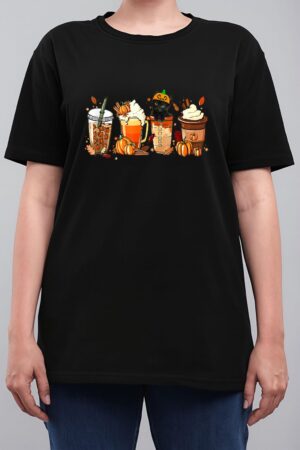 Fall Coffee Pumpkin Spice Latte Iced Autumn Black Cat Women T-Shirt