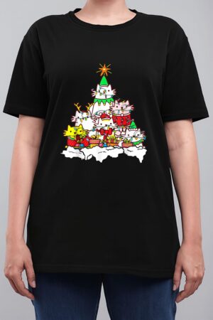 Funny Cat Christmas Tree Lights Costume Matching Pajama Gift Women T-Shirt