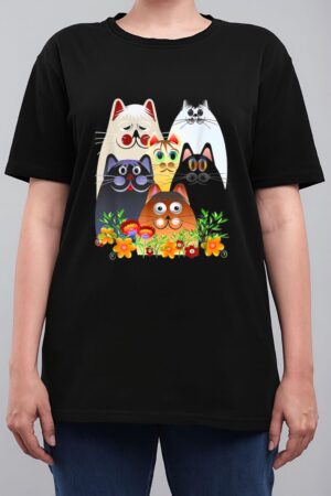 Funny Cat Happy Colorful Flowers Women T-Shirt