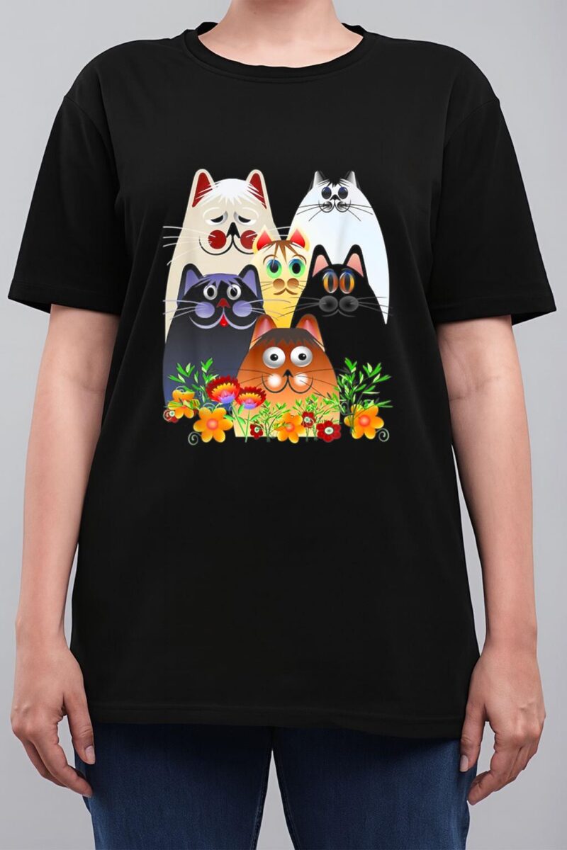 Funny Cat Happy Colorful Flowers Women T-Shirt