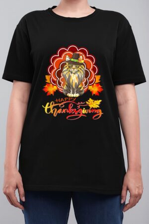 Funny Maine Coon Cat Urkey Happy Hanksgiving Women T-Shirt