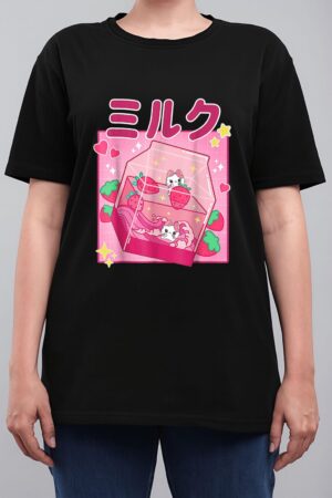 Funny Retro 90s Strawberry Milkshake Carton Kawaii Anime Cat Women T-Shirt