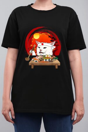 Funny White Cat Meme Eating Sushi Kawaii Sushi Cat Women T-Shirt