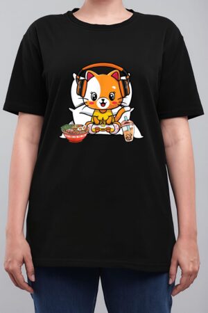 Gamer Cat Boba and Ramen Kawaii Anime Neko Women T-Shirt