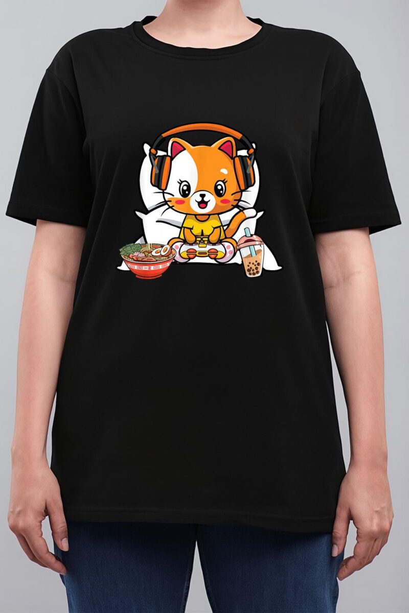 Gamer Cat Boba and Ramen Kawaii Anime Neko Women T-Shirt