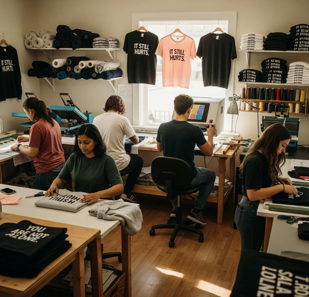 A warm, cinematic workspace inside a small apparel studio in Abilene, Texas. A diverse team of around 4–6 people is actively working — one person is carefully folding a sweatshirt, another is monitoring a DTF