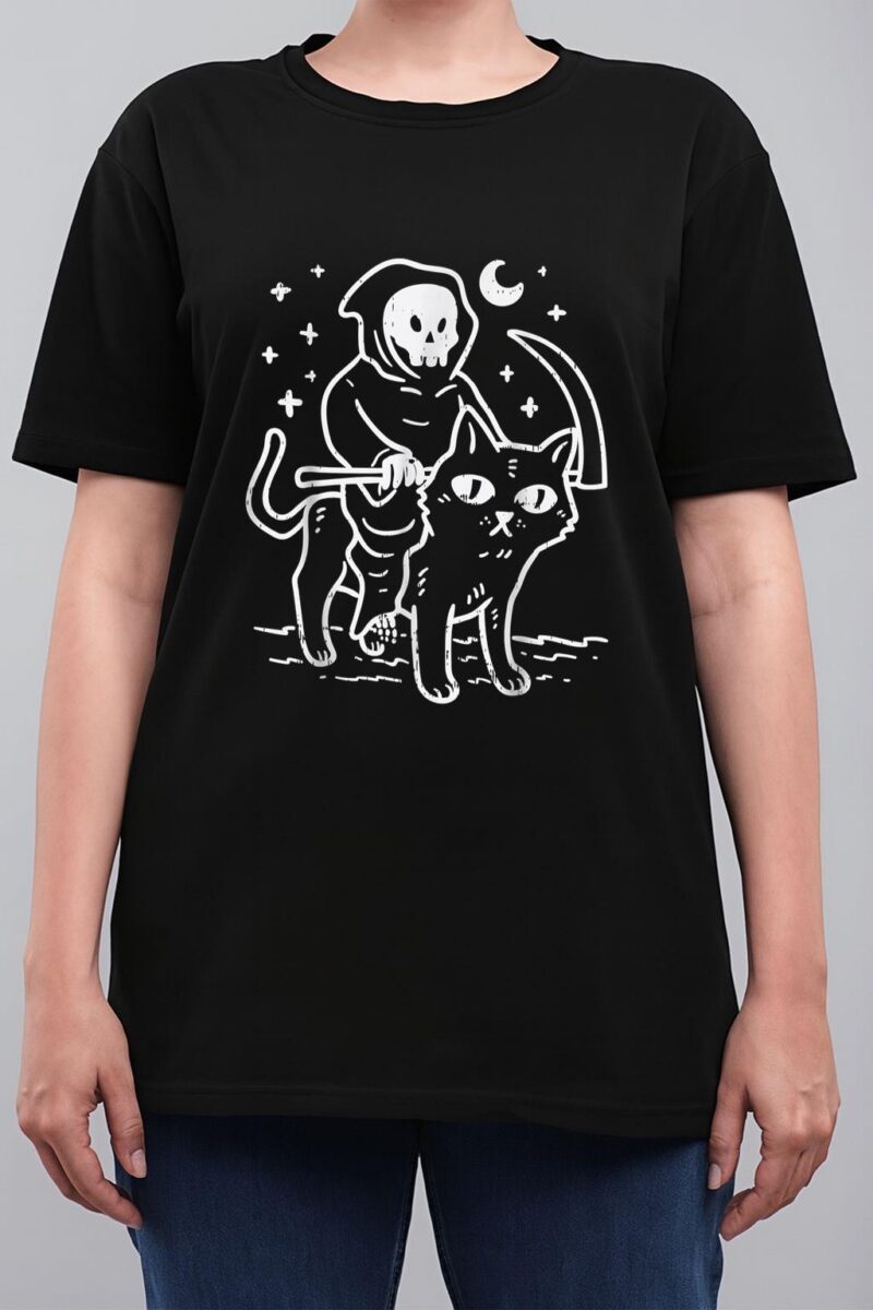 Grim Reaper Riding Cat Moon Funny Death Halloween Costume Women T-Shirt