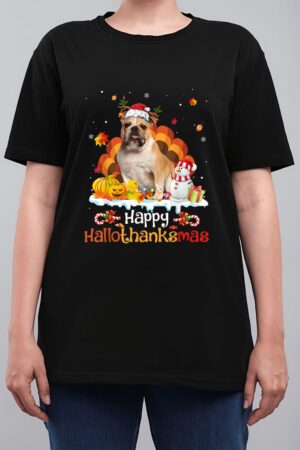 HalloThanksMas Halloween Thanksgiving Christmas Bulldog Women T-Shirt