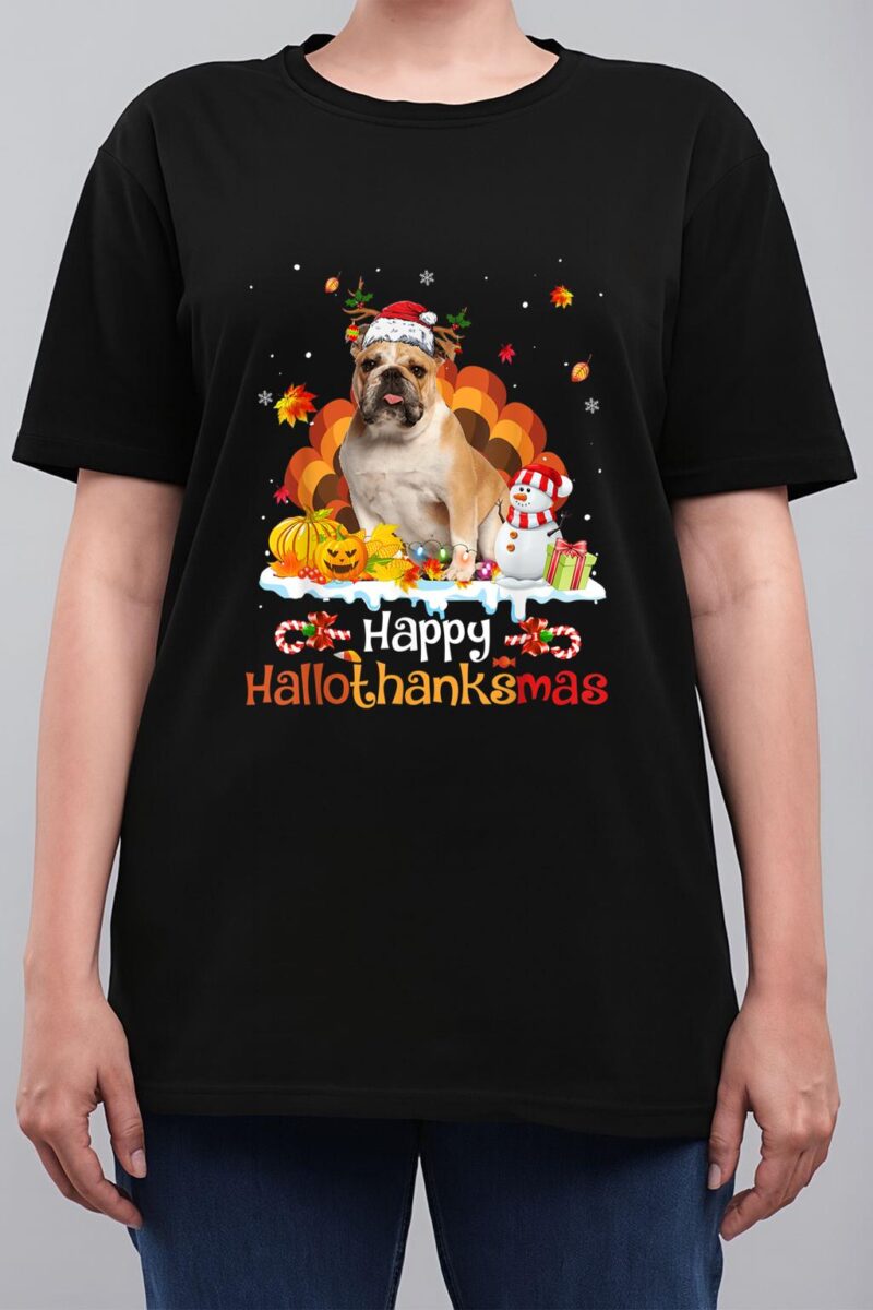 HalloThanksMas Halloween Thanksgiving Christmas Bulldog Women T-Shirt