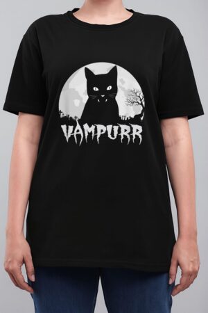 Halloween Black Cat Vampire With Full Moon - Vampurr Pun Women T-Shirt